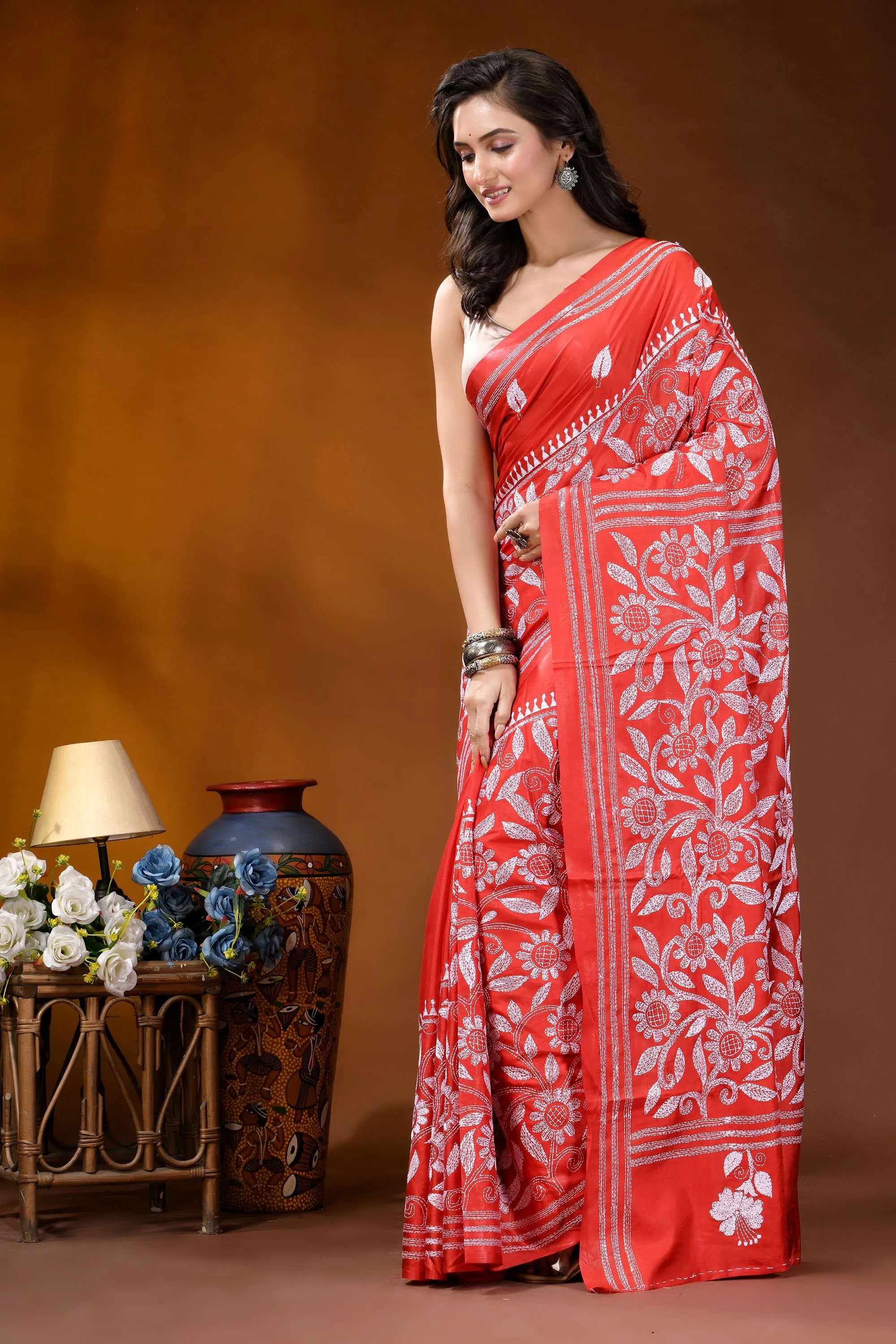 Lava red floral design white thread hand embroidered kantha silk saree vibrant red saree intricate white 3