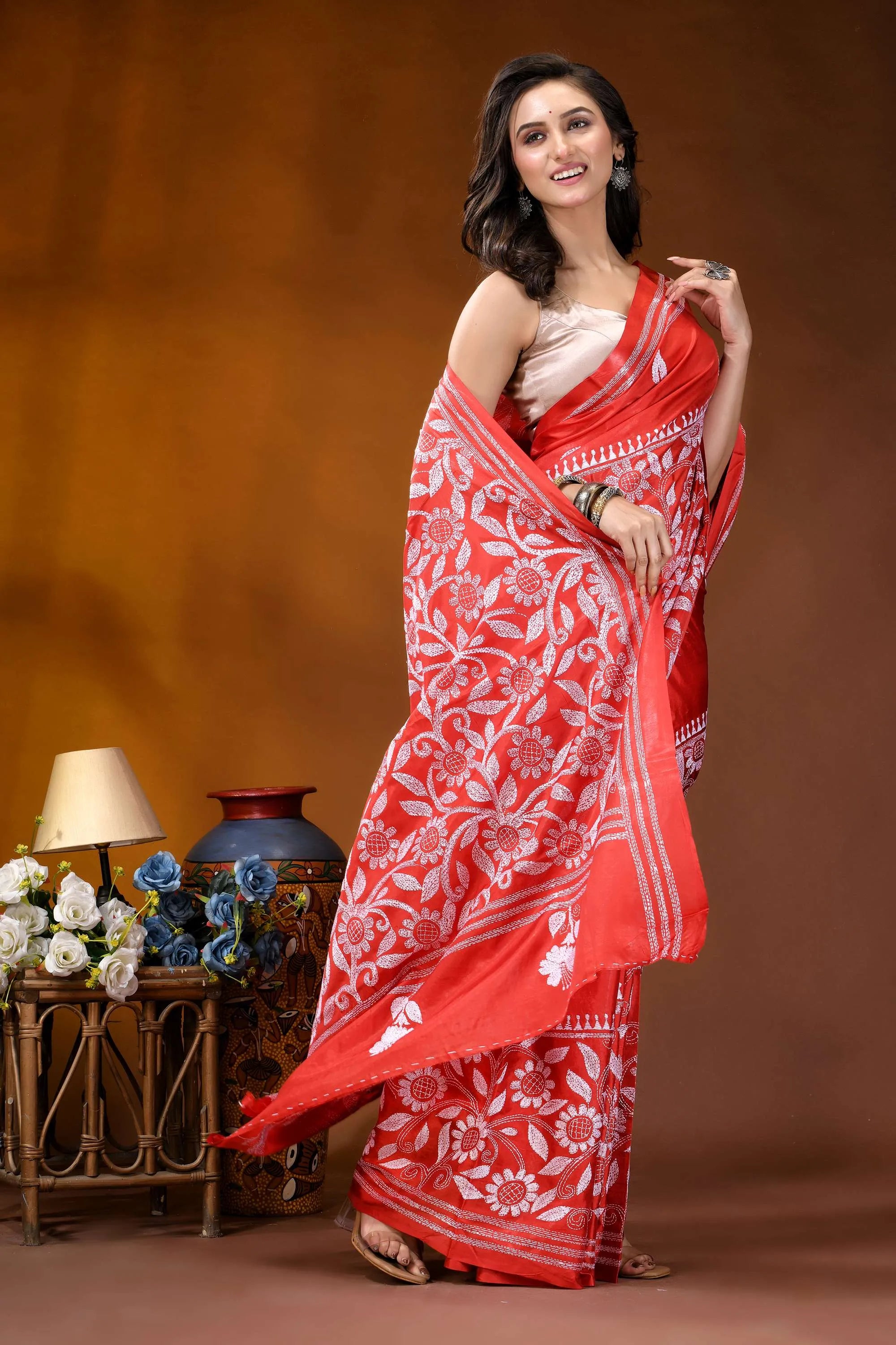 Lava red floral design white thread hand embroidered kantha silk saree vibrant red saree intricate white 4