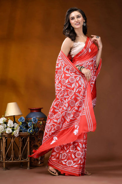 Lava red floral design white thread hand embroidered kantha silk saree vibrant red saree intricate white 4