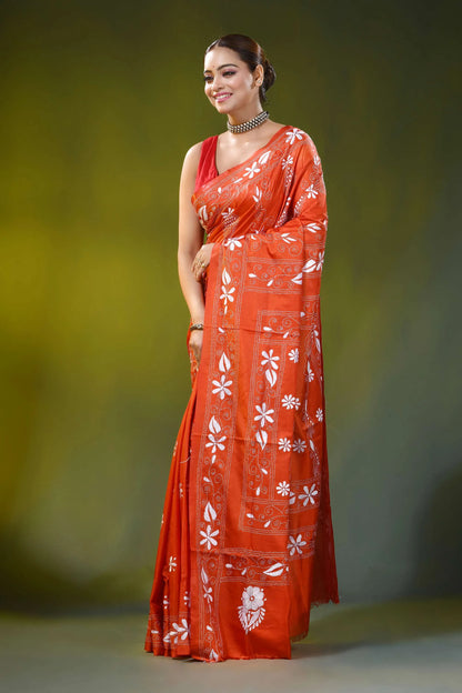 Lava red silk kantha stitch saree with white thread bird design 3
