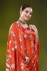 Lava red silk kantha stitch saree with white thread bird design 2