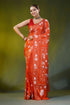 Lava red silk kantha stitch saree with white thread bird design 1
