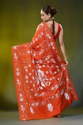 Lava red silk kantha stitch saree with white thread bird design 5