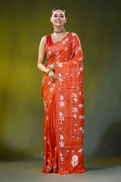 Lava red silk kantha stitch saree with white thread bird design 6