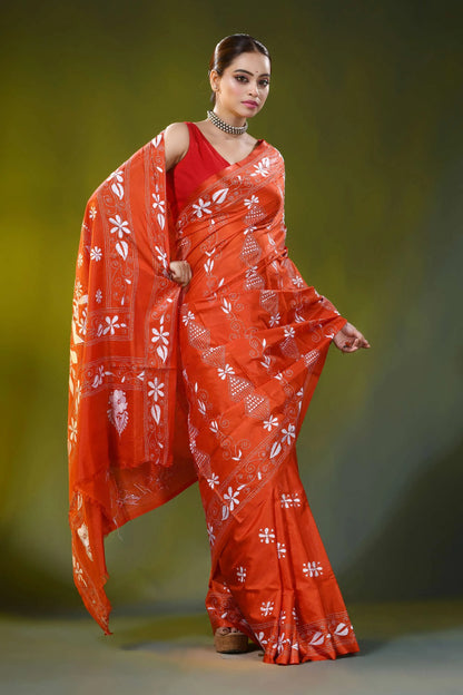 Lava red silk kantha stitch saree with white thread bird design 4