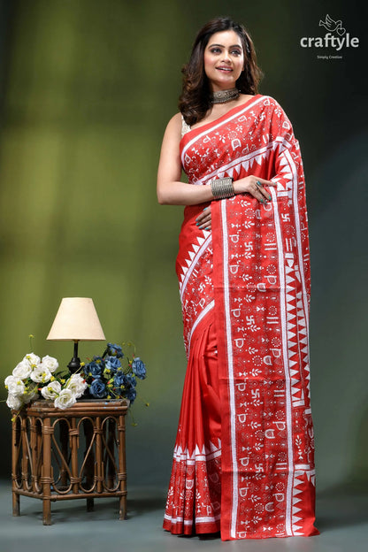 Lava red warli design exquisite silk kantha stitch saree red white patterned saree traditional 6