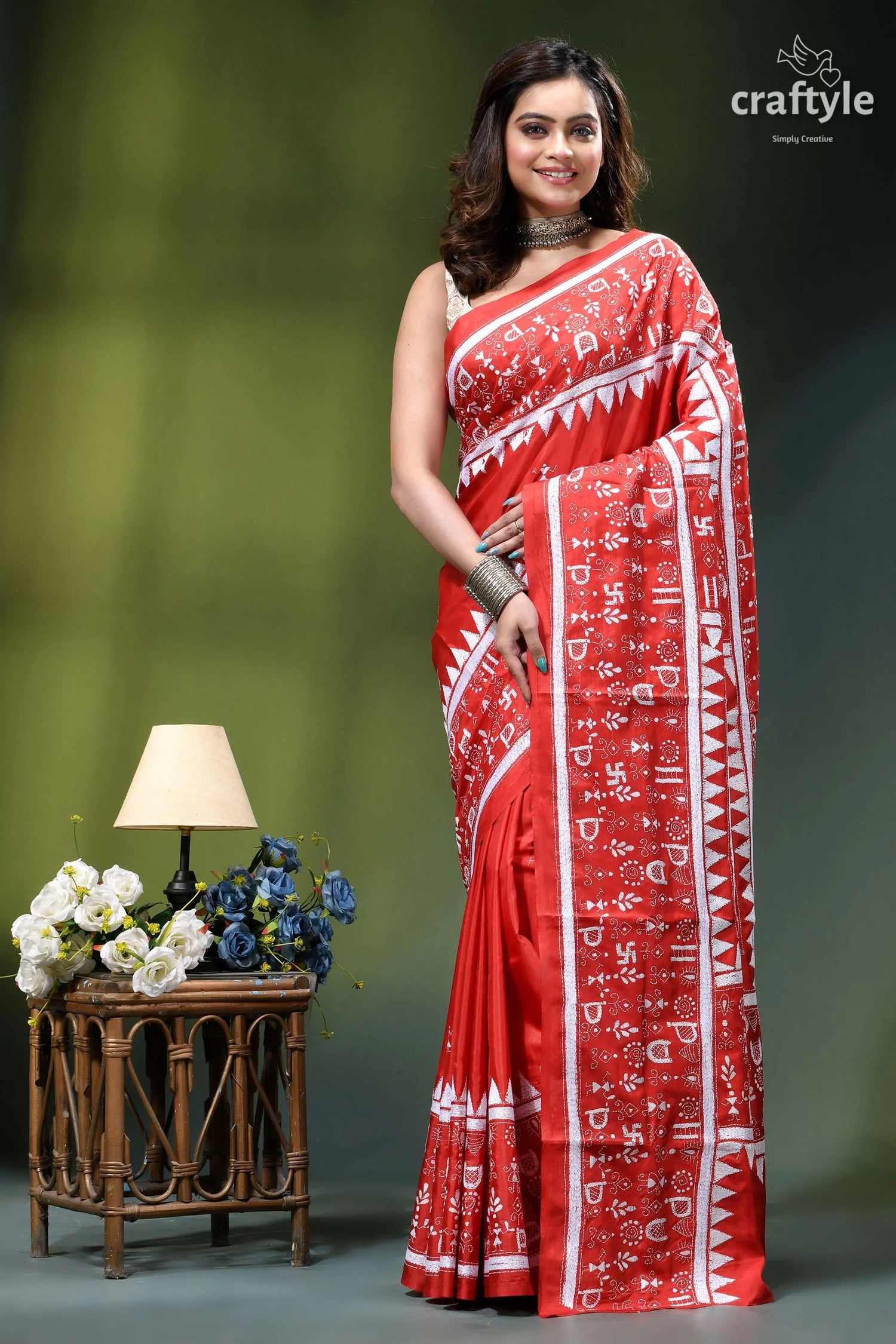 Lava red warli design exquisite silk kantha stitch saree vibrant red saree intricate white 1