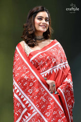 Lava red warli design exquisite silk kantha stitch saree red sari white intricate patterns 2