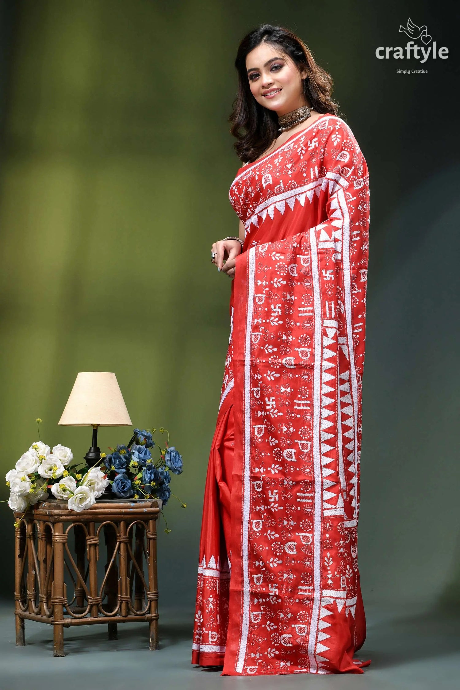 Lava red warli design exquisite silk kantha stitch saree vibrant red saree intricate white 3