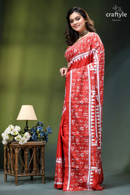 Lava red warli design exquisite silk kantha stitch saree vibrant red saree intricate white 3