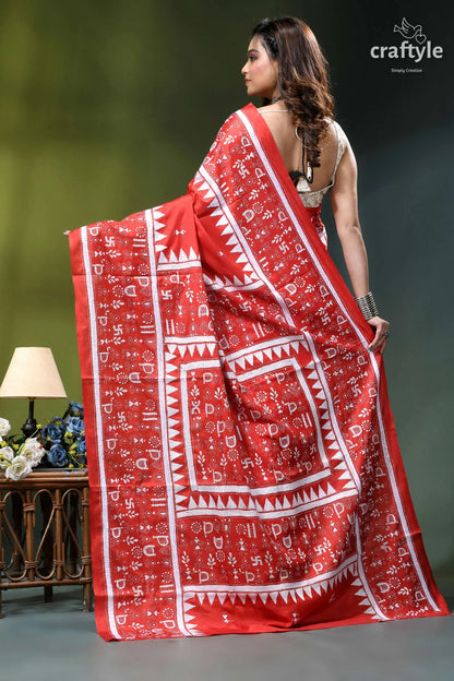 Lava red warli design exquisite silk kantha stitch saree vibrant red saree intricate white 4