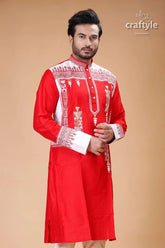 Lava red white embroidered silk kurta for men stylish traditional wear red embroidered kurta 2