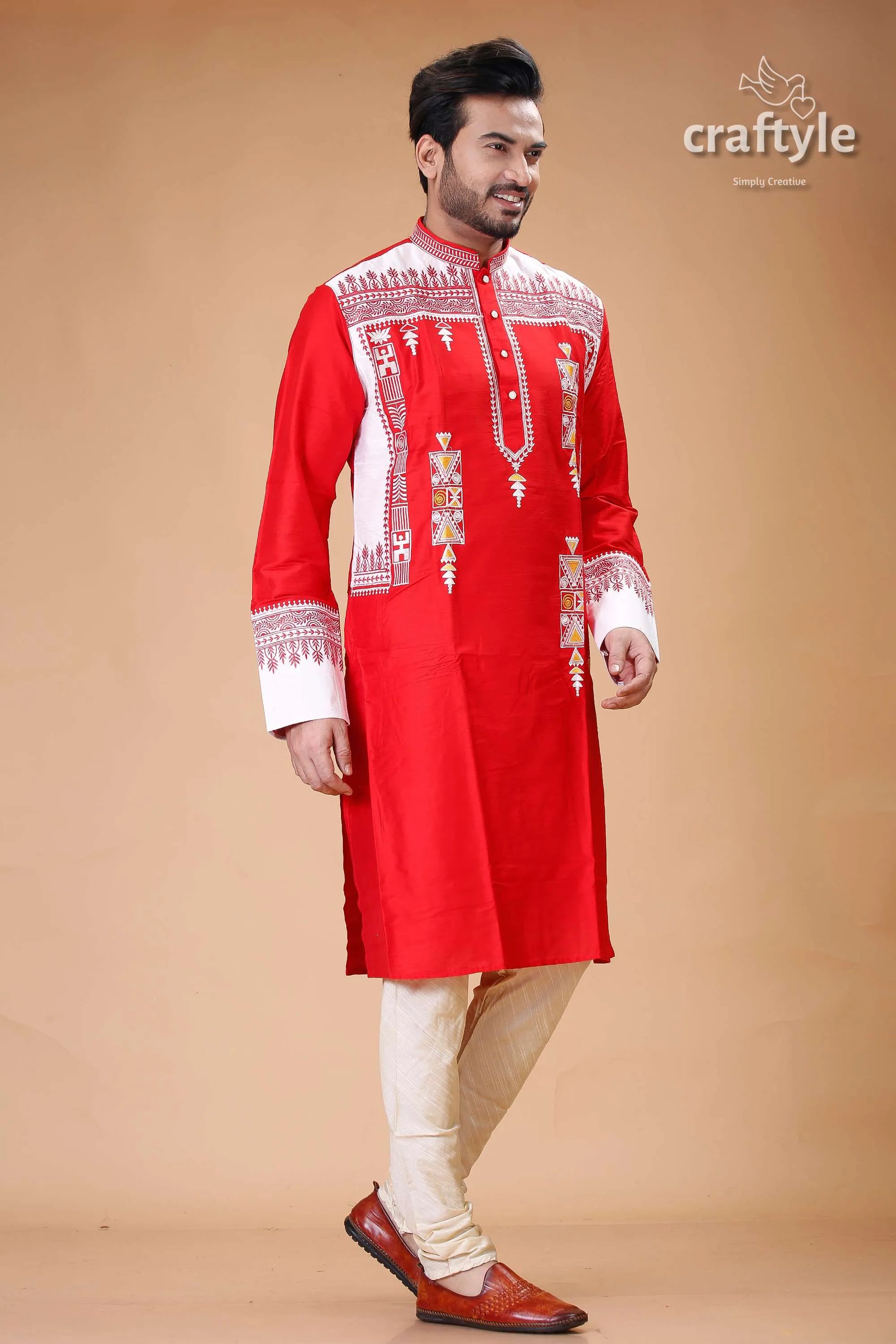 Lava red-white embroidered silk kurta for men - stylish traditional wear red white embroidered kurta 3
