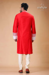 Lava red-white embroidered silk kurta for men - stylish traditional wear red kurta pajama set 5