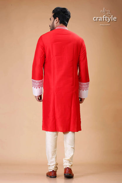 Lava red-white embroidered silk kurta for men - stylish traditional wear red kurta pajama set 5