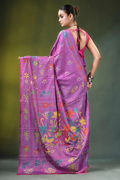 Lavender hand embroidery nature design kantha silk saree vibrant purple adorned intricate 4