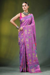Lavender hand embroidery nature design kantha silk saree vibrant purple adorned 6