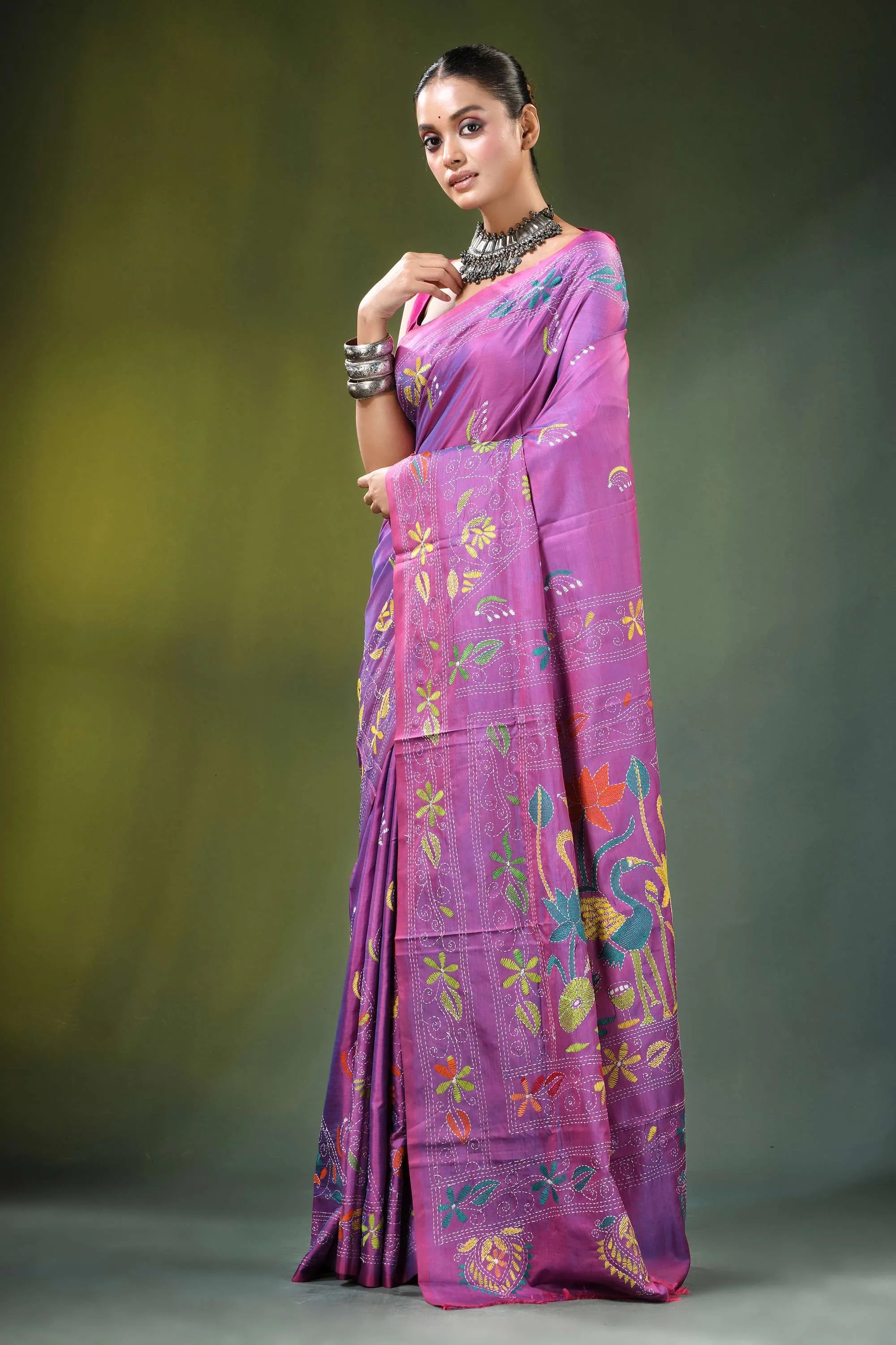 Lavender hand embroidery nature design kantha silk saree vibrant purple adorned intricate 3