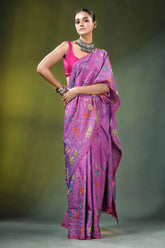 Lavender hand embroidery nature design kantha silk saree vibrant purple adorned 7