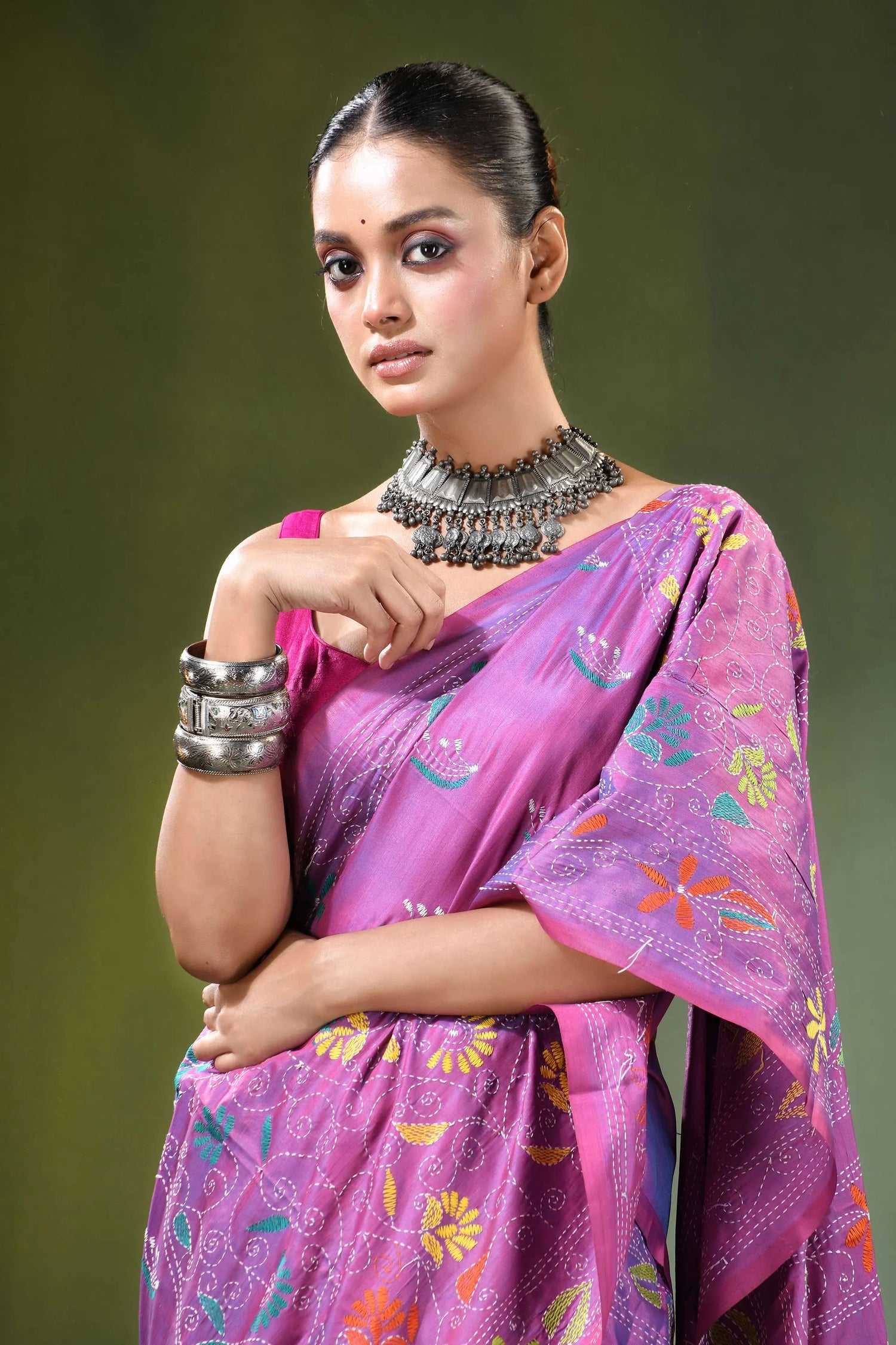 Lavender hand embroidery nature design kantha silk saree vibrant purple intricate floral 2