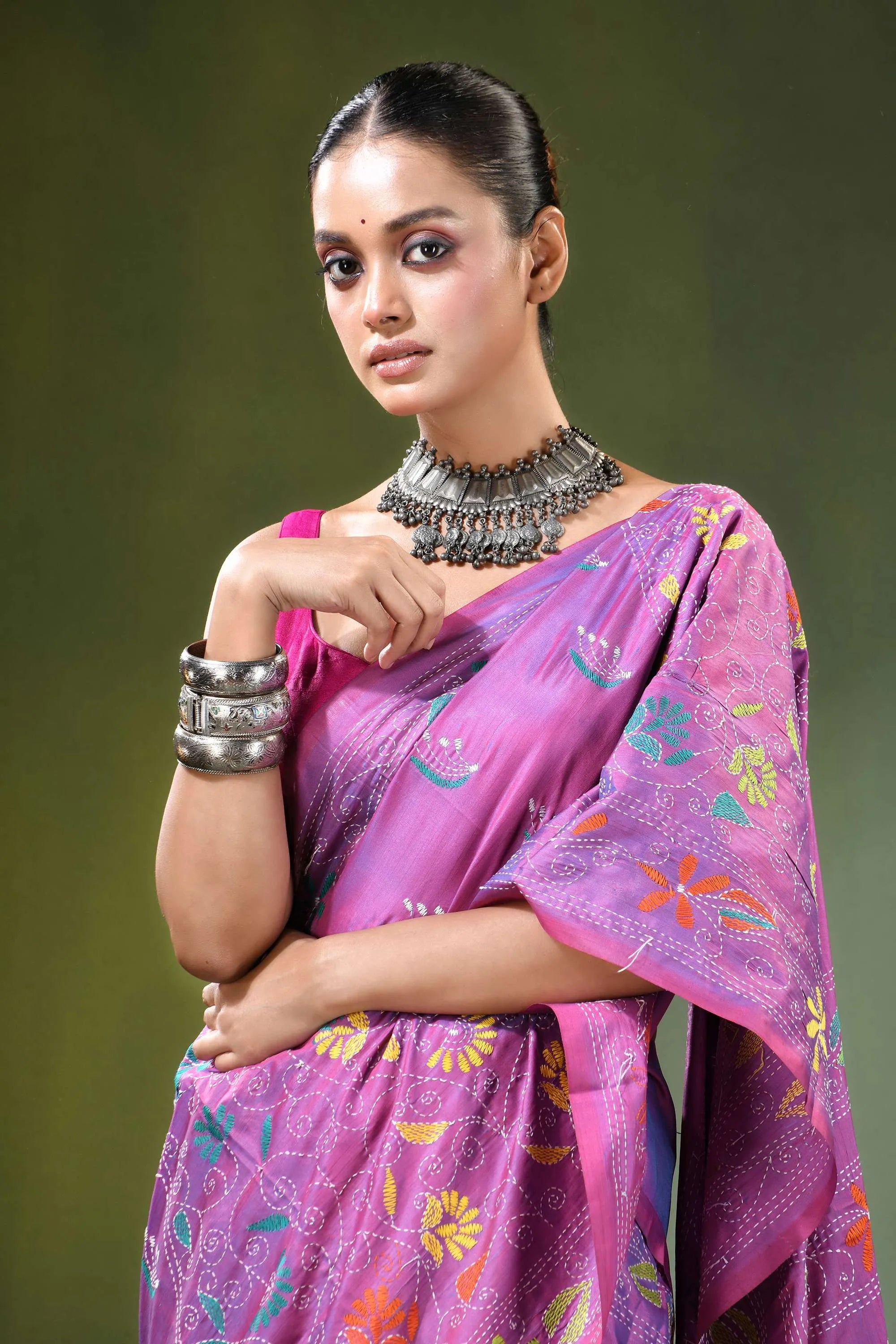 Lavender hand embroidery nature design kantha silk saree vibrant purple intricate floral 2