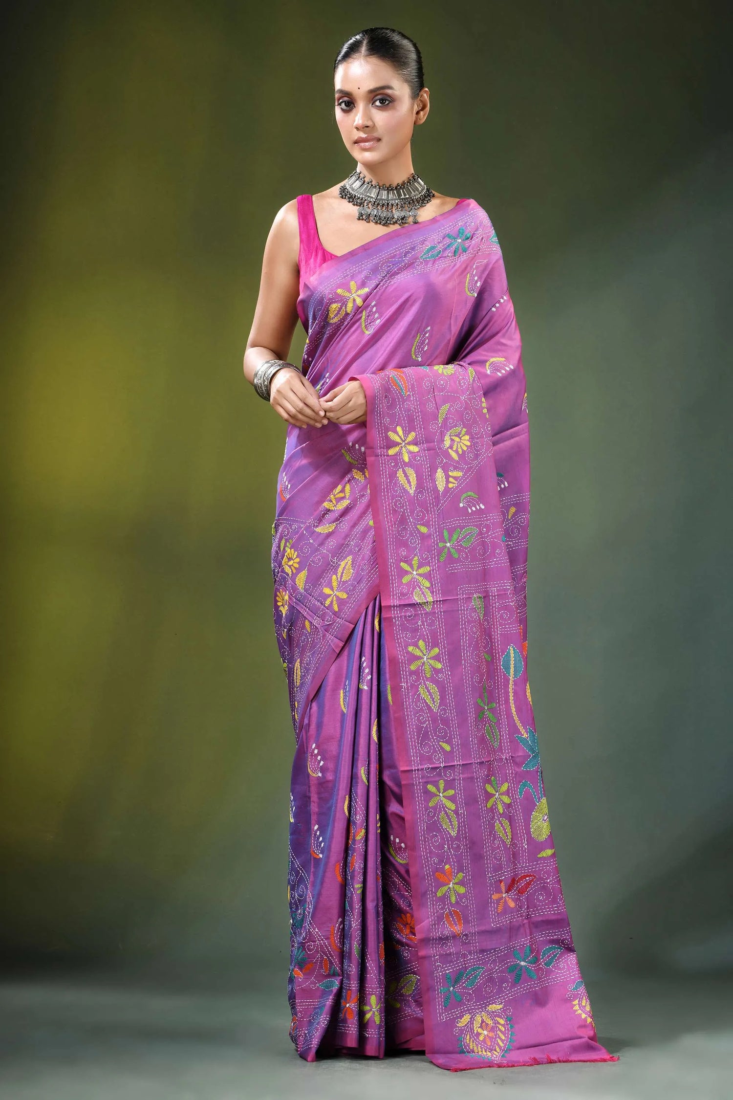 Lavender hand embroidery nature design kantha silk saree vibrant purple adorned 1