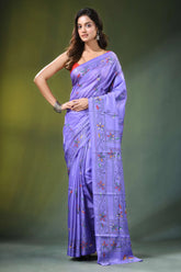 Lavender handmad kantha embroidery silk saree - flora & fauna design adorned intricate 6