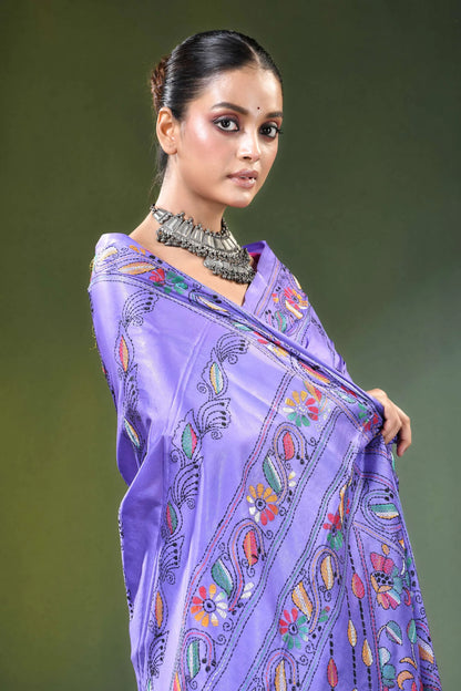 Lavender handmade floral design kantha stitch silk saree vibrant adorned 2