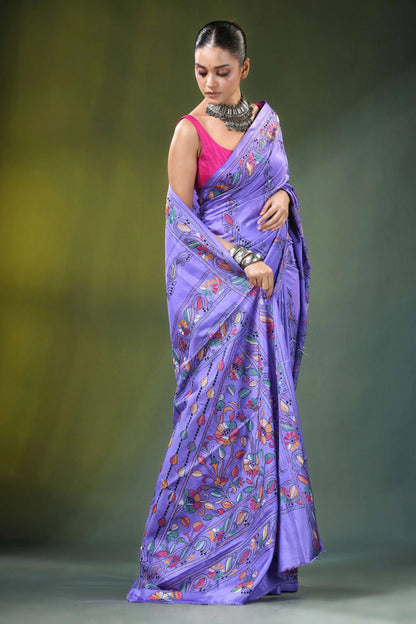 Lavender handmade floral design kantha stitch silk saree vibrant adorned 4