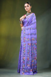 Lavender handmade floral design kantha stitch silk saree vibrant adorned intricate 3