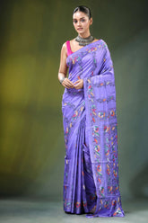 Lavender handmade floral design kantha stitch silk saree vibrant adorned 6