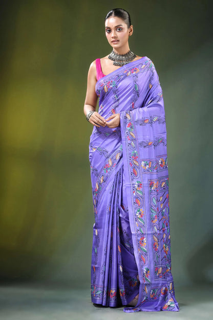 Lavender handmade floral design kantha stitch silk saree vibrant adorned 6