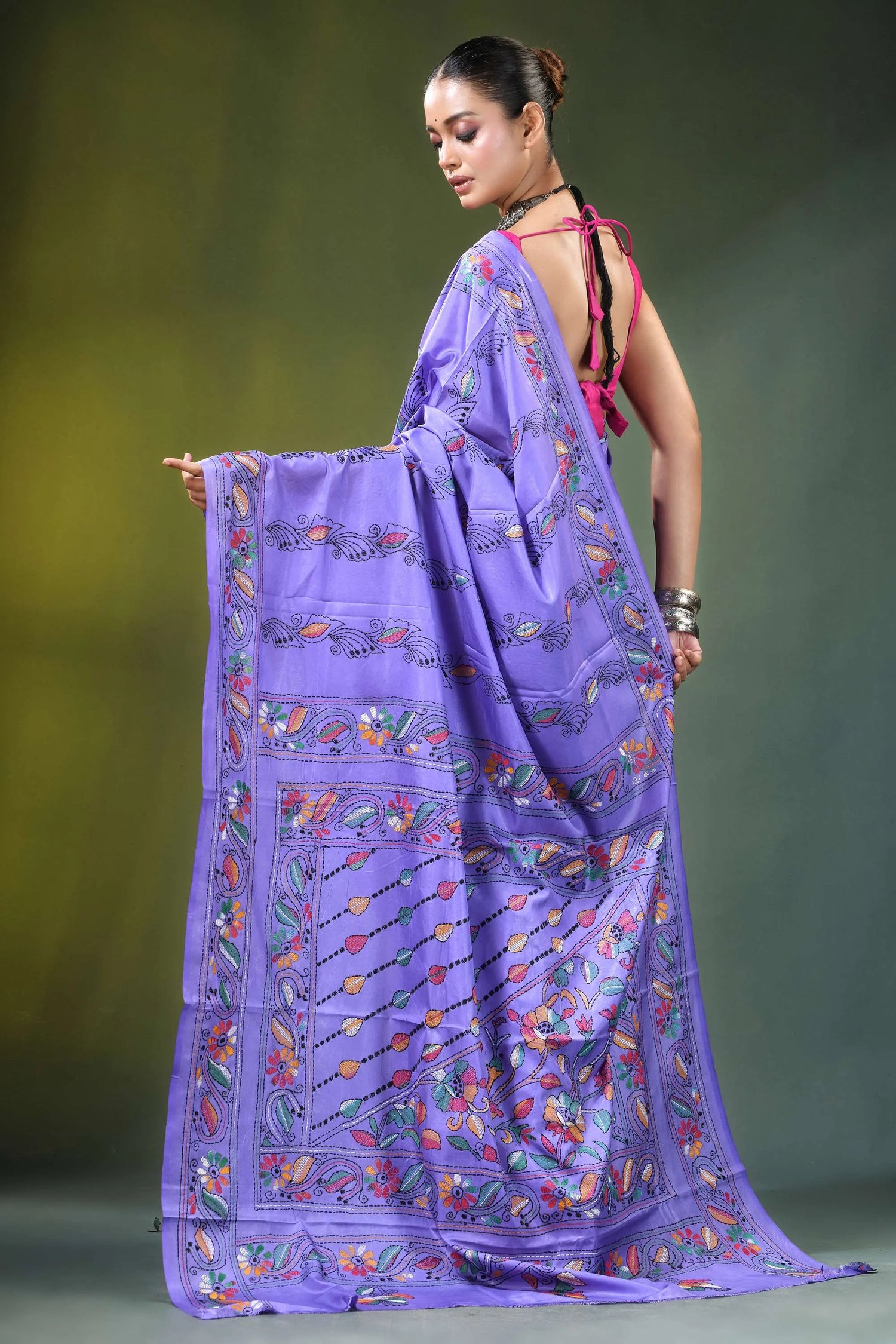 Lavender handmade floral design kantha stitch silk saree vibrant adorned 5