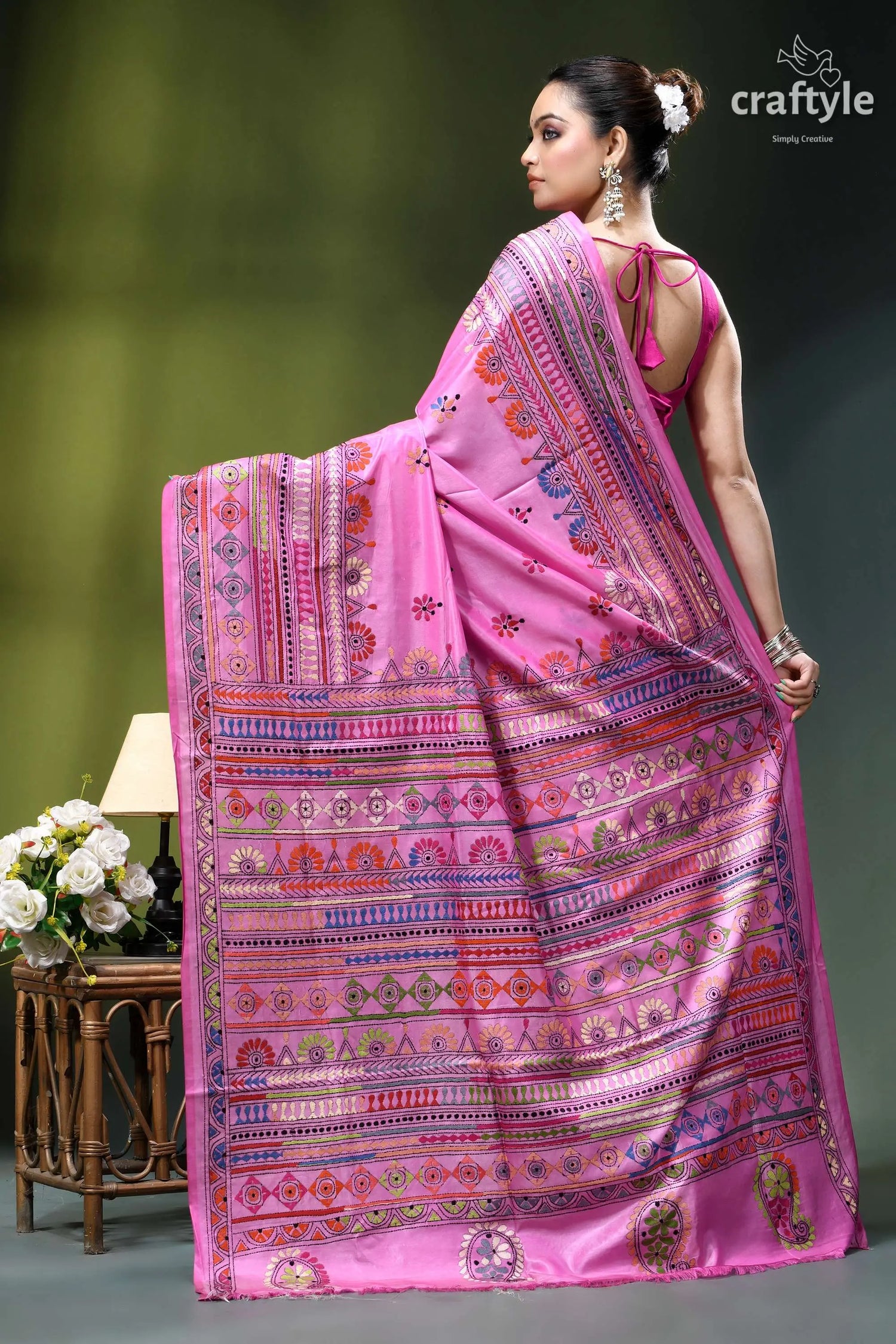 Lavender magenta multi-thread designer silk kantha stitch saree vibrant pink silk saree adorned 5