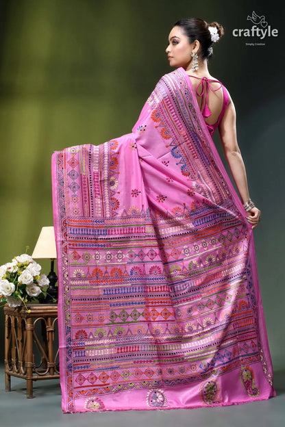 Lavender magenta multi-thread designer silk kantha stitch saree vibrant pink silk saree adorned 5