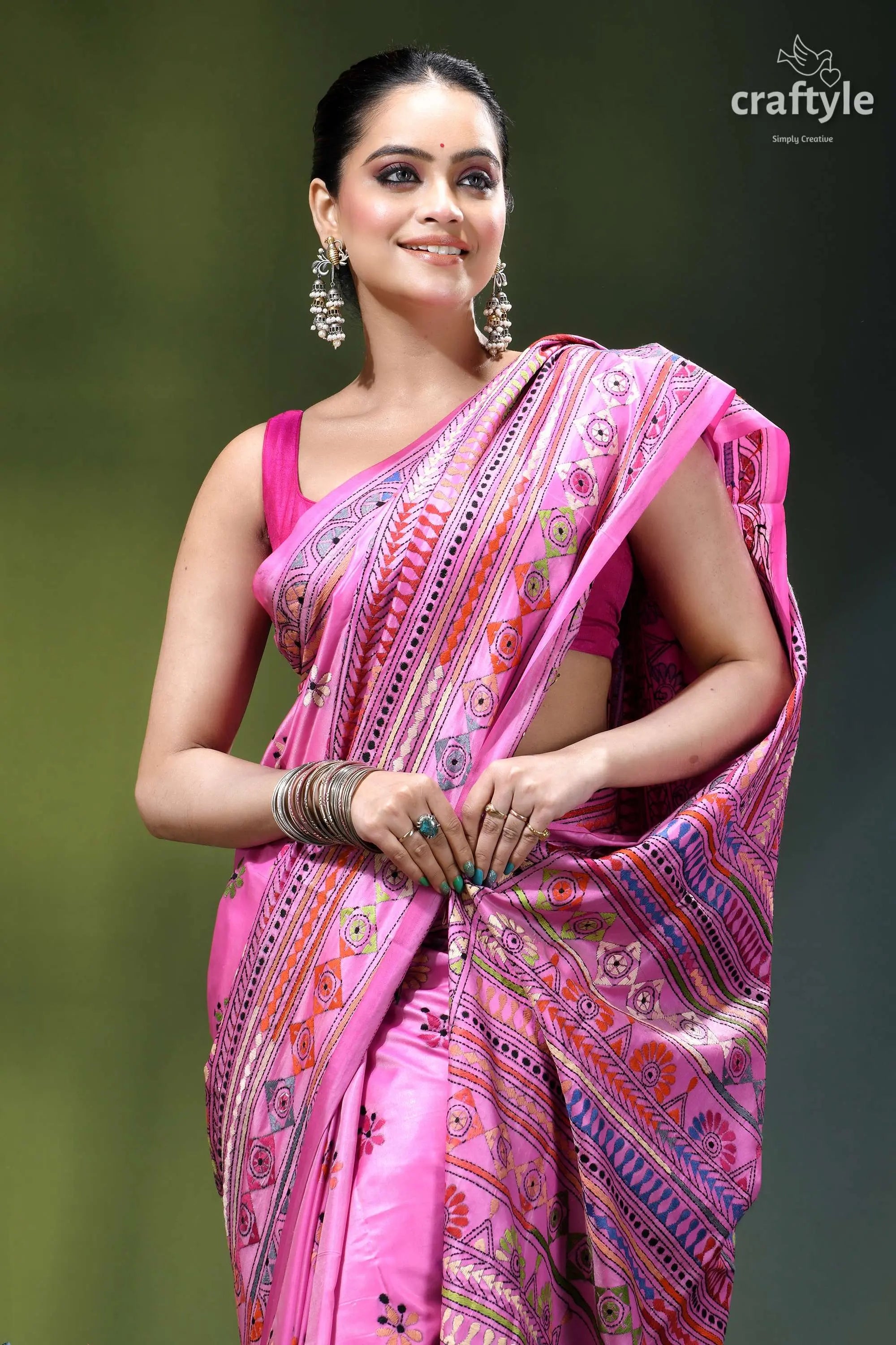 Lavender magenta multi-thread designer silk kantha stitch saree vibrant pink saree intricate multicolored 2