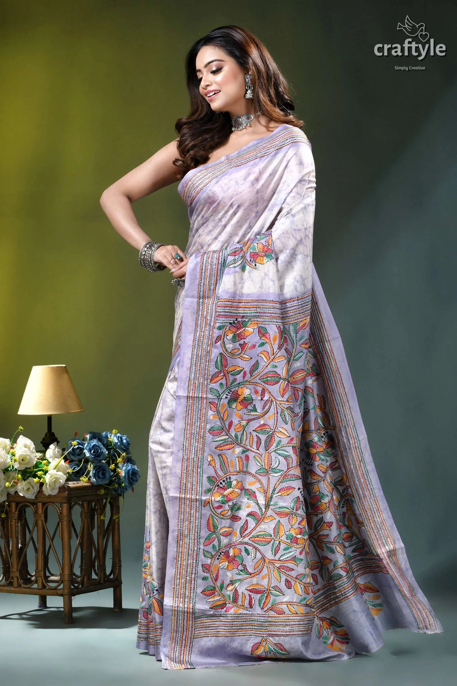 Lavender mist floral design hand batik silk kantha stitch saree lavender silk saree intricate hand-painted 3