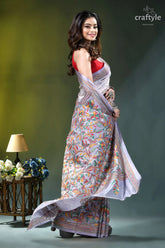 Lavender mist floral design hand batik silk kantha stitch saree woman wears lavender multicolored floral-patterned 4