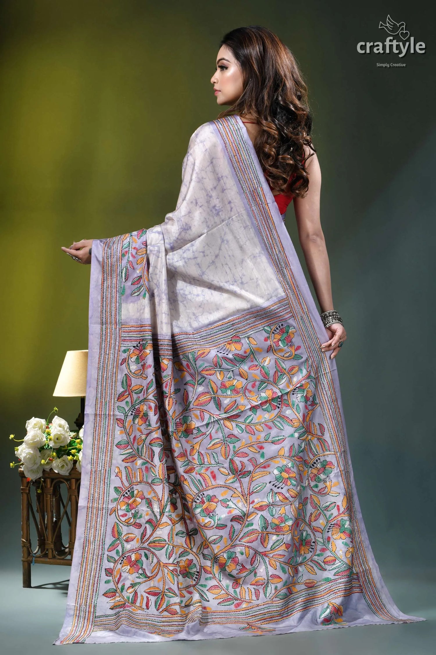 Lavender mist floral design hand batik silk kantha stitch saree delicate lavender white hand-embroidered saree 5