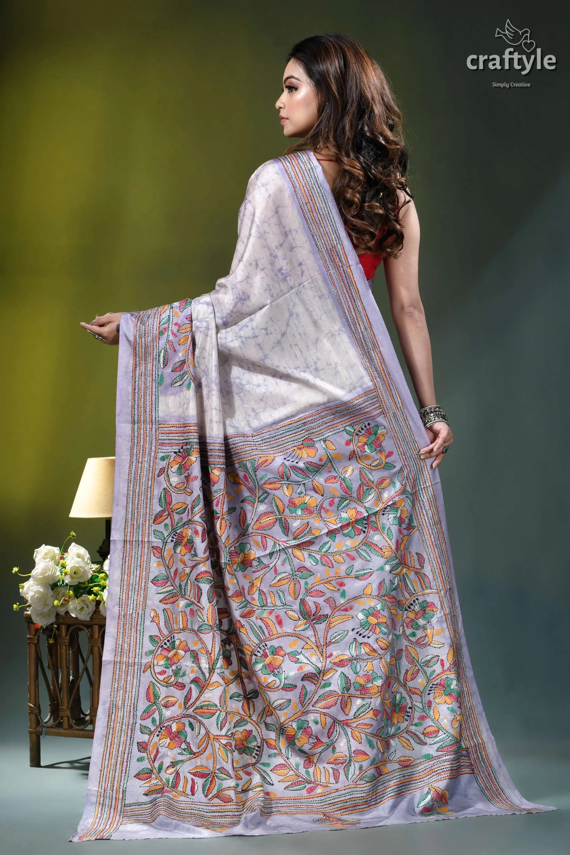Lavender mist floral design hand batik silk kantha stitch saree delicate lavender white hand-embroidered saree 5