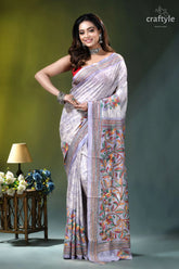Lavender mist floral design hand batik silk kantha stitch saree lavender white hand-embroidered silk saree 1