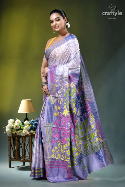 Lavender mist multithread floral hand batik silk kantha saree woman wears lavender purple printed 4
