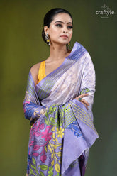 Lavender mist multithread floral hand batik silk kantha saree woman wears lavender purple silk 2
