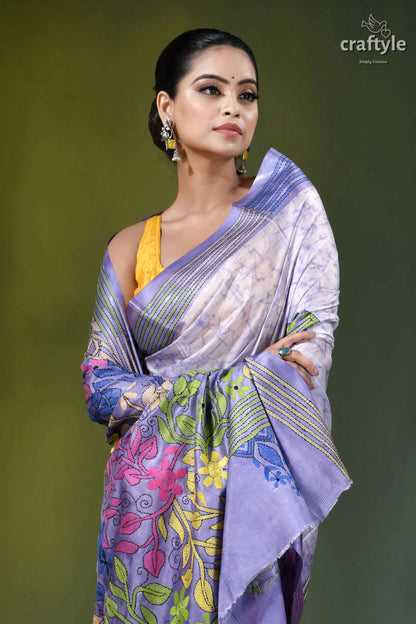 Lavender mist multithread floral hand batik silk kantha saree woman wears lavender purple silk 2