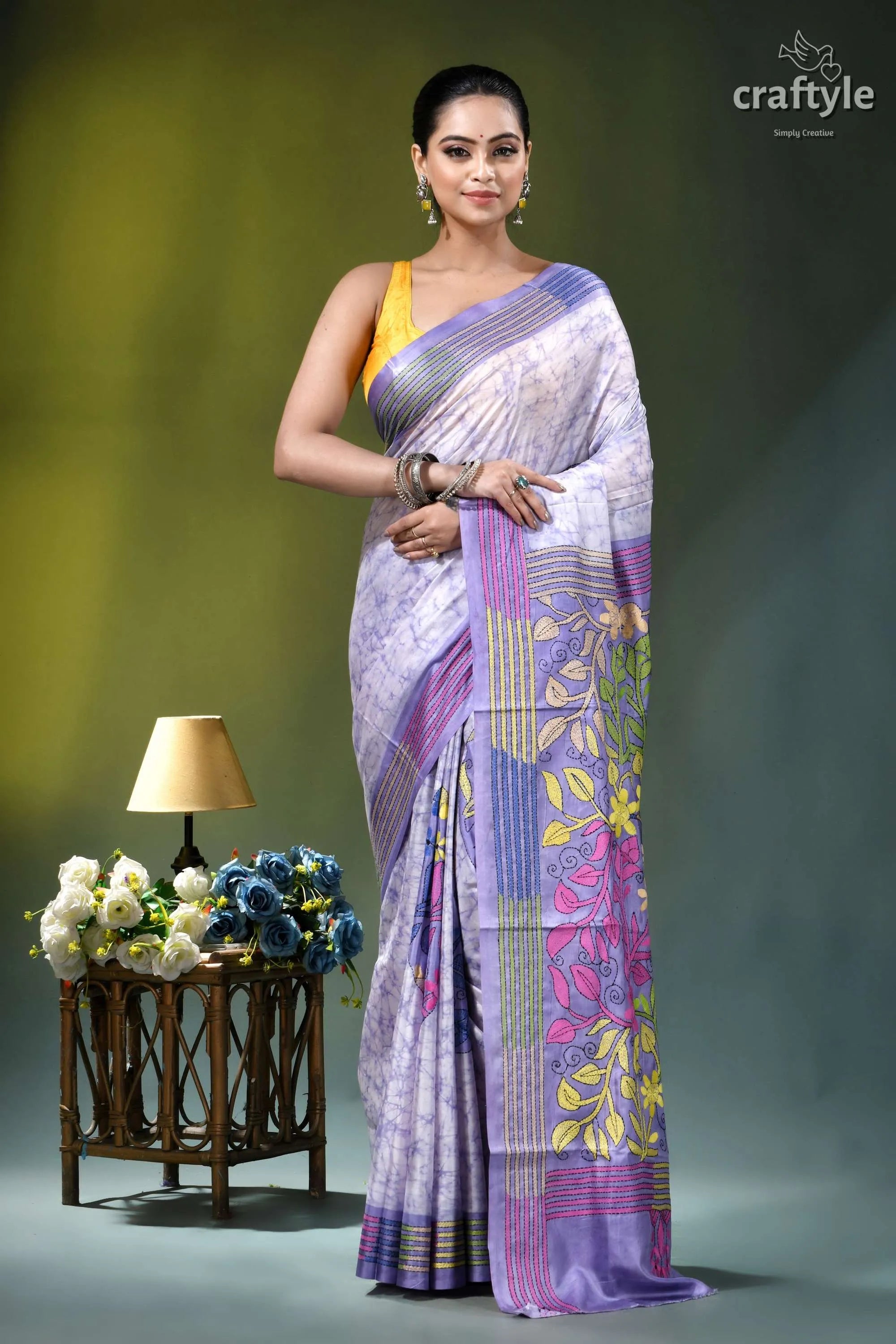 Lavender mist multithread floral hand batik silk kantha saree woman wears lavender purple printed 1