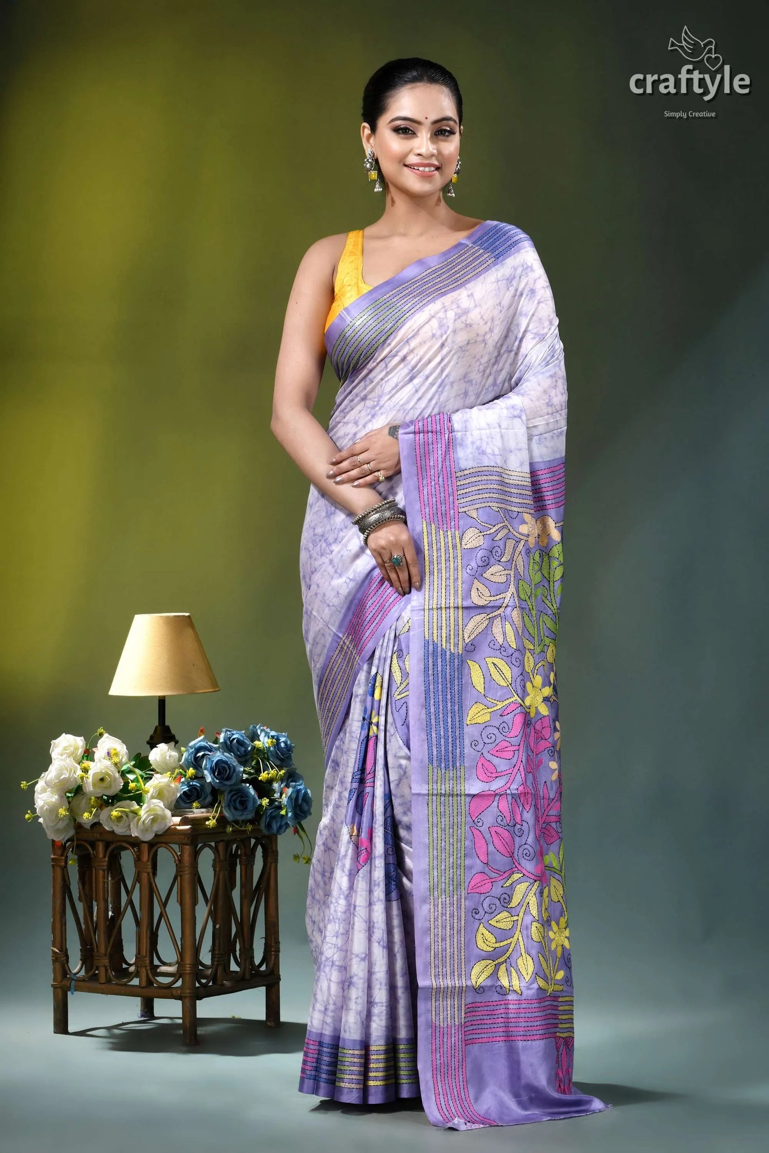 Lavender mist multithread floral hand batik silk kantha saree woman wears lavender purple printed 6