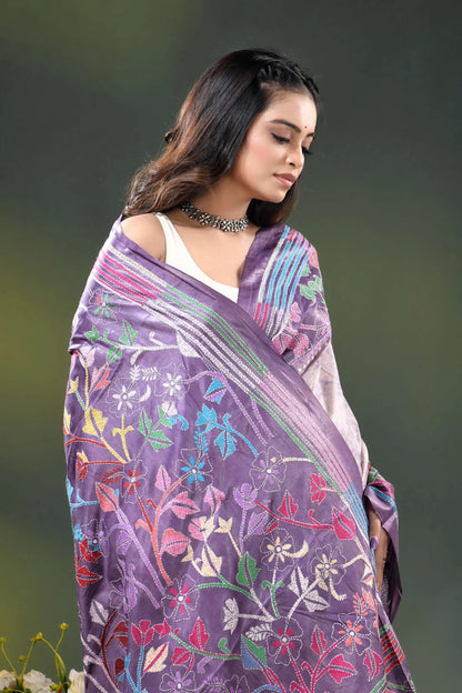 Lavender multicolor floral design hand batik silk kantha stitch saree 2