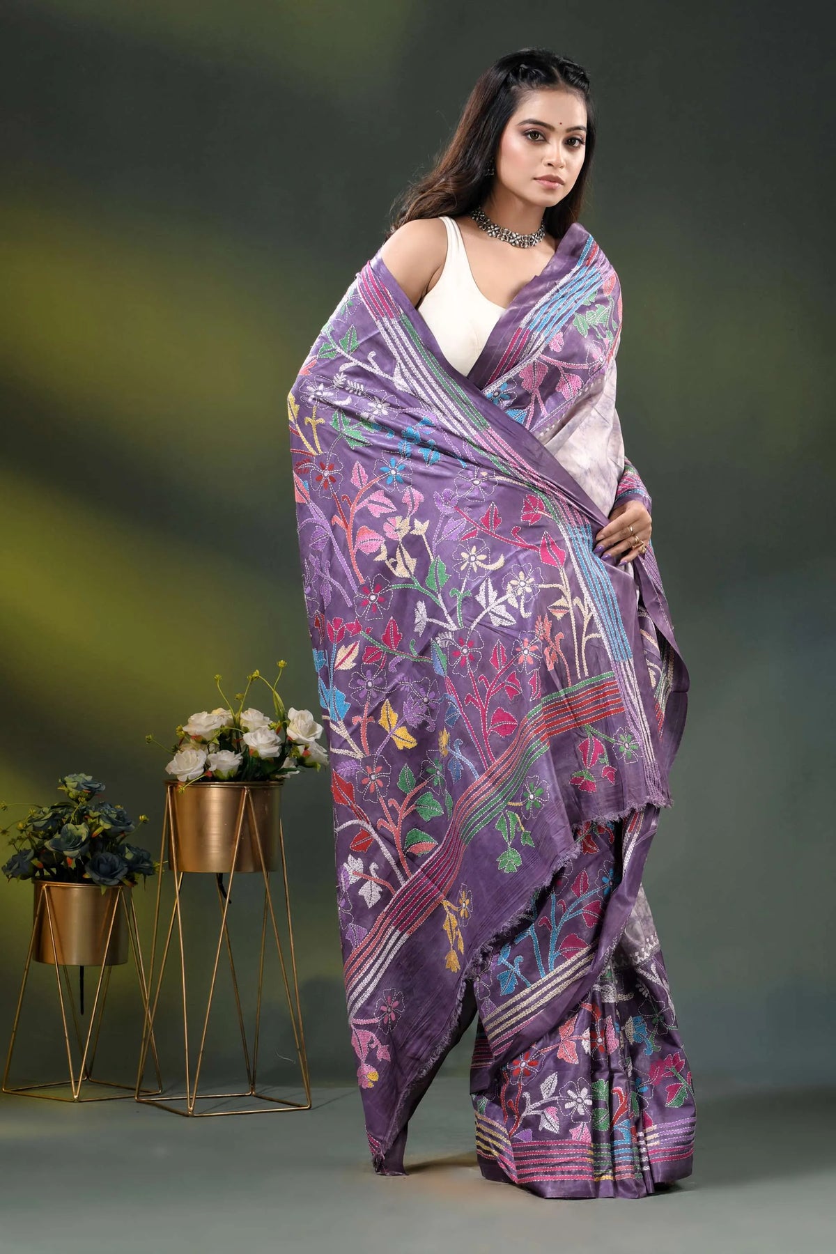 Lavender multicolor floral design hand batik silk kantha stitch saree 4