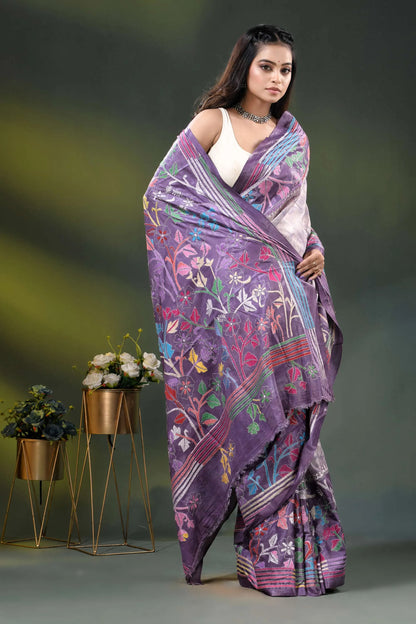 Lavender multicolor floral design hand batik silk kantha stitch saree 4