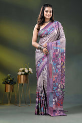Lavender multicolor floral design hand batik silk kantha stitch saree 3